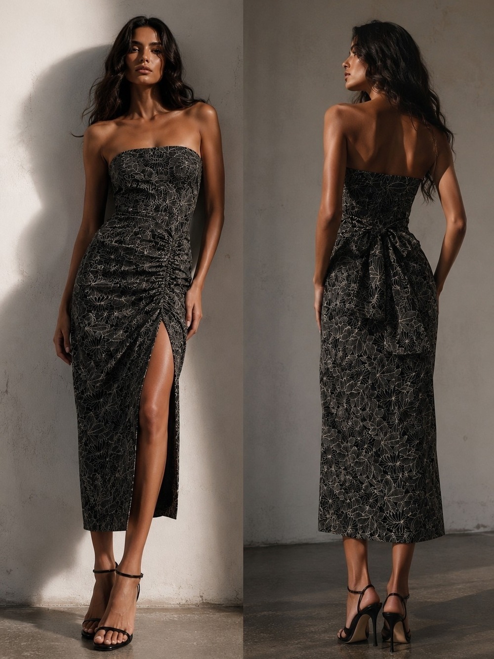 Zara Strapless Floral Midi Dress Ruched Side Slit Bow Back Black Cream Sz S NWT